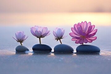 Pink lotus flower and zen stones on the beach at sunset - obrazy, fototapety, plakaty