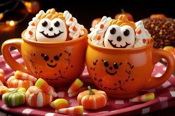 Halloween sweets in cup on dark background, close-up