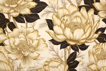 Seamless pattern with yellow lotus flowers and black leaves
