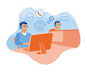 Two men work in a call center office. Talking to a client using a headset in front of a computer. Woman with phone calling to customer support service concept. flat vector modern illustration 