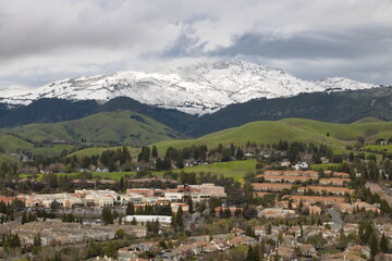 Mt Diablo fully covered in snow as seen from San Ramon, California