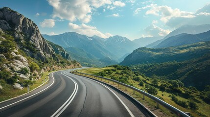 An empty mountain highway on a sunny day, bird eye view - obrazy, fototapety, plakaty