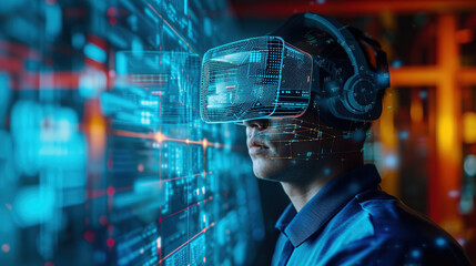 metaverse futuristci industry innovation technology concept, engineer using artificial intelligence with virtual mixed augmented reality glasses in digtial environmental with sustainability energy