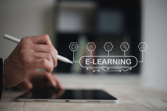 E-learning education, internet lessons and online knowledge base on internet, digital library or e-library