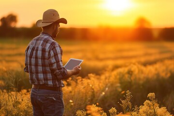 Farmer holding tablet at Farmland in the morning, happy farmer in the field, 