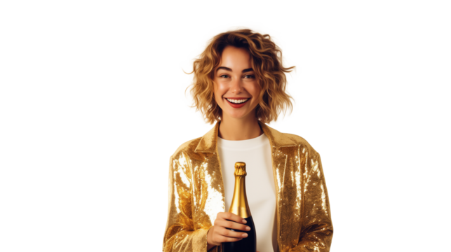Young smiling woman with champagne bottle in hand, transparent background - Powered by Adobe