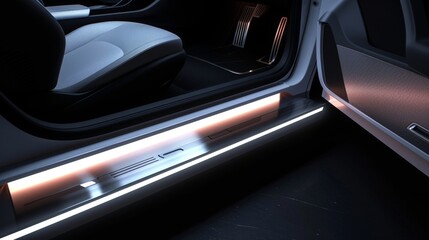 An angled shot of a car door being od highlighting the brushed aluminum door sill with LED lights in white creating a cly and upscale feel to the vehicles interior. - obrazy, fototapety, plakaty