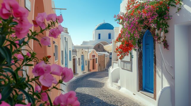 Fototapeta Santorini, Greece. Picturesq view of traditional cycladic Santorini houses on small street with flowers in foreground. Location Oia village, Santorini, Greece