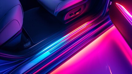 A topdown view of a car door being od revealing the fullycustomizable door sill with changing LED lights in various colors allowing for a personalized and dynamic entrance.