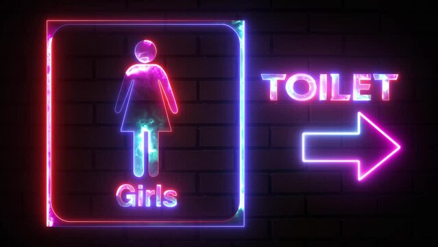 Girls arrow direction toilet signs in neon lights animation. Glowing white WC toilet neon sign with Male ad Female icon on bricks wall background. In and out sign.