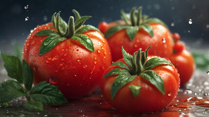 Red Organic Fresh Tomatoes With water Drops Defocuses 
