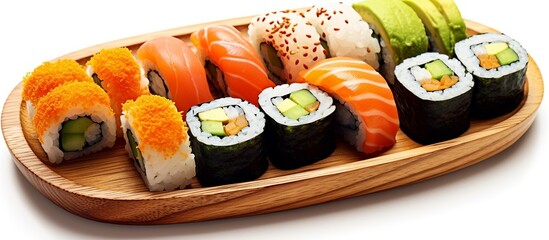 A set of sushi in a black round plate.