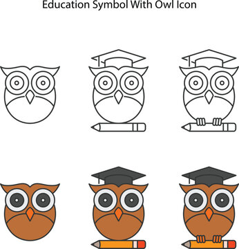 Cute bird symbol. Animal cartoon mascot. Wildlife. Owl vector sign. Owl icon. education symbol with owl icon and pencil icon.