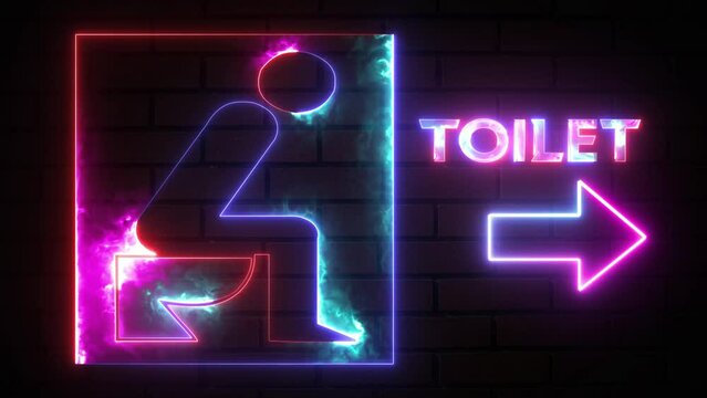 Washroom arrow pointer, silhouette of a man and a woman. Arrow direction toilet signs in neon lights animation. Glowing WC toilet neon sign with man icon on bricks wall background. In and out sign