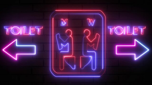 Restroom male and female arrow pointer, silhouette of a man and a woman. Arrow direction toilet signs in neon lights animation. Sitting and read paper in toilet neon sign on bricks wall background