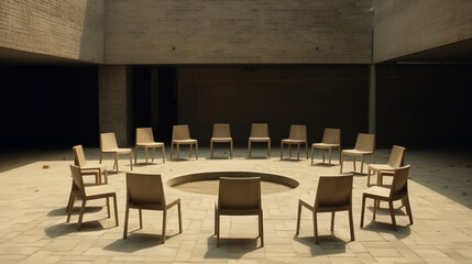 chairs in a circle against the wall courtyard 