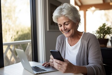Happy senior woman using mobile phone while working at home 