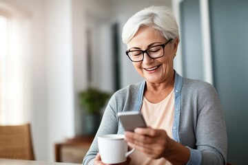 Happy senior woman using mobile phone while working at home 