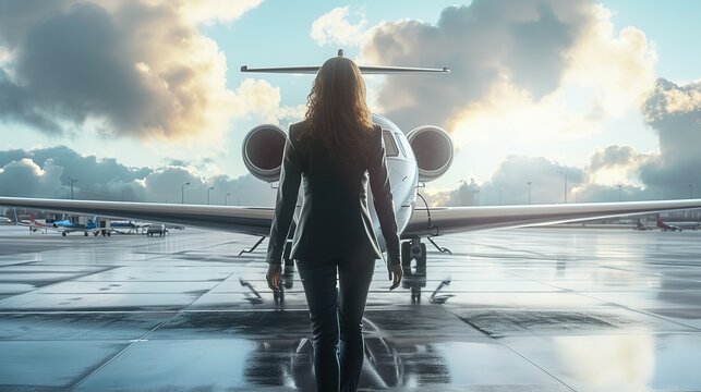 Top executive boarding her private jet at the airport. Composite with different elements made with generative AI