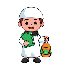 illustration design of a Muslim boy holding a book and lantern