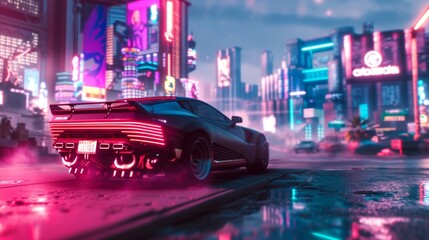 Steam swirling around a brightly lit neon sign giving the illusion of a futuristic cityscape.