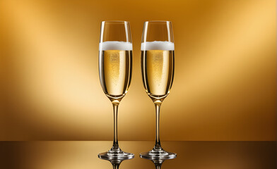 Two champagne glasses on a simple gold background, Valentine's Day, Christmas. Generative AI