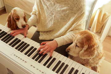 A pianist plays music for two dogs sitting next to her.