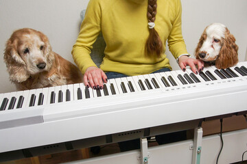  A young pianist plays music for two dogs sitting next to her.