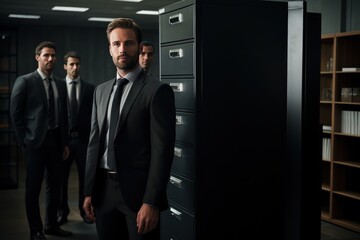 Fototapeta premium Male colleagues are standing by cabinet. 