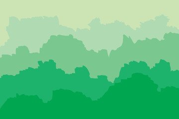 Silhouettes of mountains and trees with a gradient from dark green to light green against a yellow sky background.