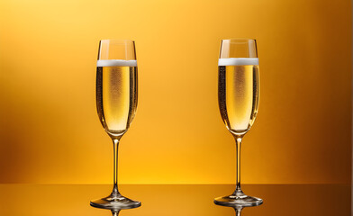 Two champagne glasses on a simple gold background, Valentine's Day, Christmas. Generative AI