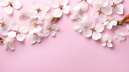 Fototapeta na wymiar Cherry blossoms on pink background, top view, copy space, cherry blossom on a pink background, Beautiful blossoming branches on color background, AI generated