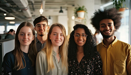 Group of diverse people standing in an office looking happy