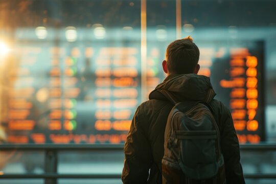 Man standing in front of flight Information display system. 