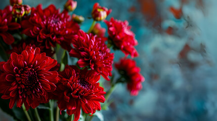 Red Flower Background, Red Monarda flower on blue background, Red Chrysanthemum, AI-generated 