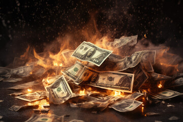 Dollars burning in the fire. Concept of financial crisis