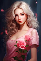 Cute woman holding pink rose, cartoon, blond hair.