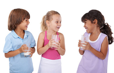 Milk, mustache and children with drink on face with nutrition, health and funny in white background of studio. Dairy, calcium and kids smile with energy and benefits in diet for teeth and growth