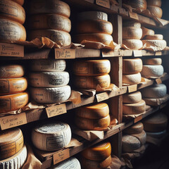 Wooden cheeses in the cellar of a winery, France