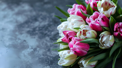 A tulip bouquet on a white and pink background, Blumen flower background on grey, Bouquet of pink tulips, AI-generated