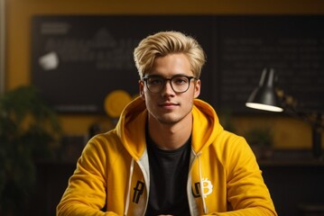 portrait of a man in yellow hoodie sitting on a desk in official background, youtuber content creator influencer working on video project