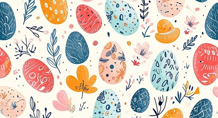 A banner with Easter eggs and flowers with leaves. A flat illustration.