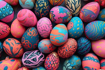 Fototapeta na wymiar Background of Easter colored blue and purple eggs with flowers and leaves.