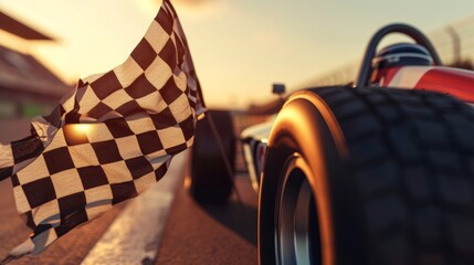 A closeup of the checkered flag being waved next to a race car with the drivers helmet visible in...