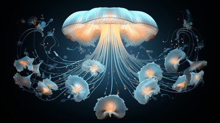 a jellyfish with a purple body and blue tentacles is swimming in the water with a blue background