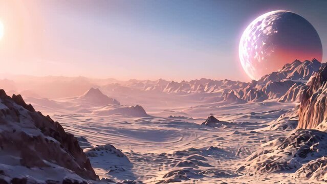beautiful frozen surface alien planet landscape in