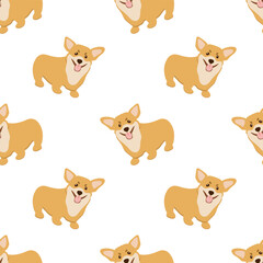 Vector seamless pattern with cute dog corgi isolated on white
