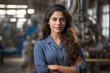 Portrait of an Indian female engineer standing in a factory, 