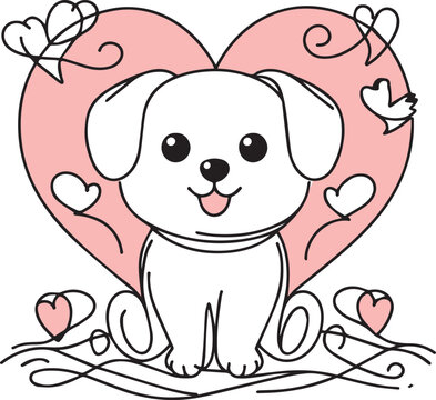 Cute Puppy with a Pink Heart Line Art illustration, Cute cute puppy illustration, doodle Style, cute puppy don logo