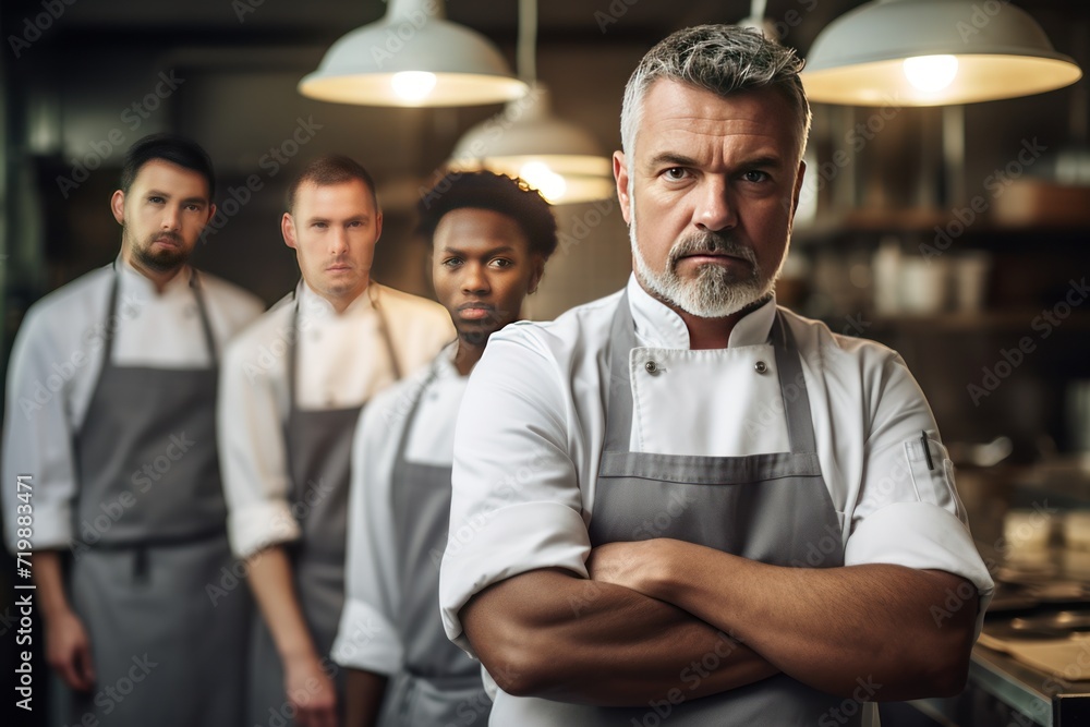 Wall mural chef standing with his team on background 